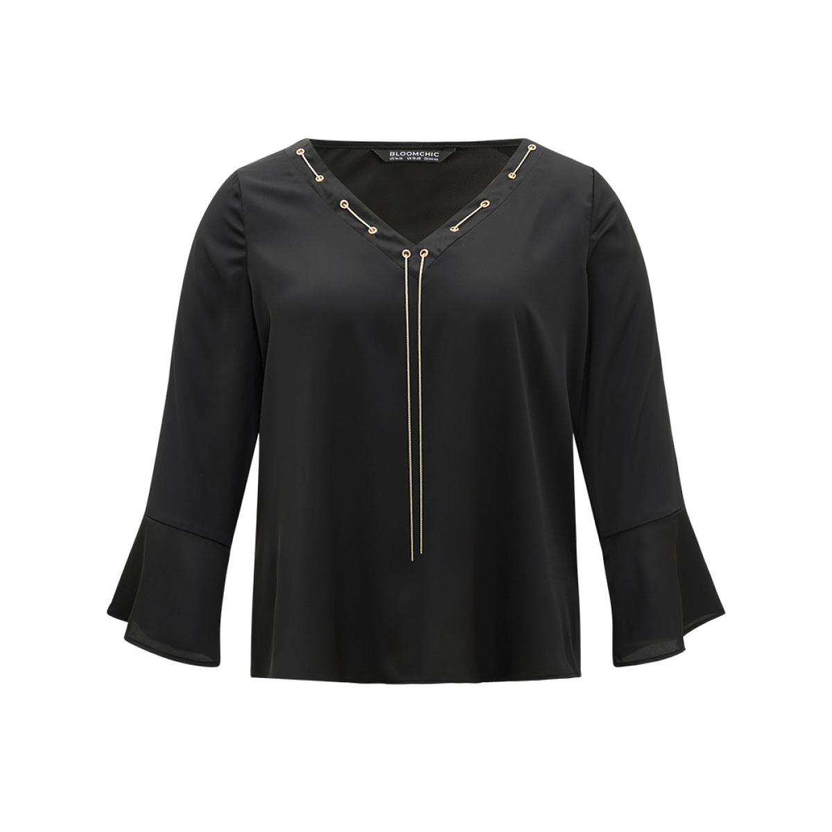 Plus Size Black Contrast Chain Bell Sleeve Eyelet Blouse Women Office Long Sleeve V-neck Office Blouses BloomChic 28/5X Product Image