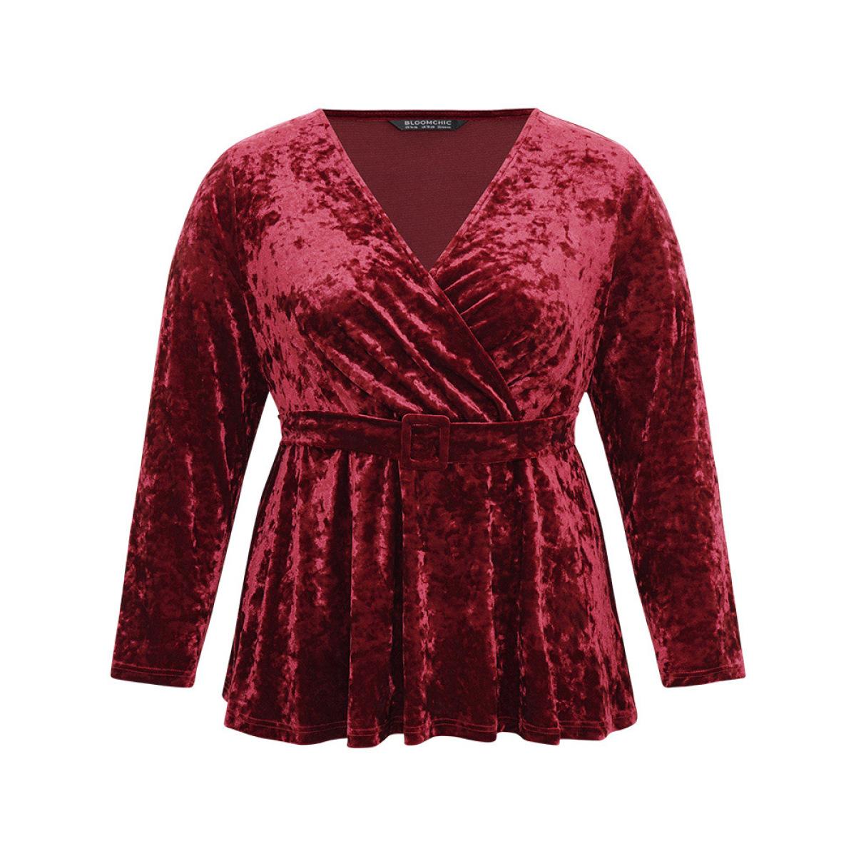 Plus Size Scarlet Velvet Overlap Collar Elastic Waist Buckle Detail Blouse Women Glamour Long Sleeve Overlap Collar Festival-Christmas Blouses BloomChic 12/L Product Image