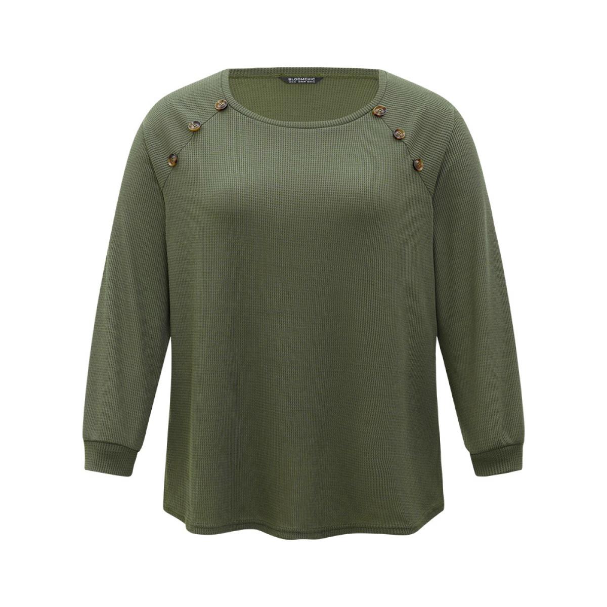 Plus Size Plain Waffle Knit Button Detail Crew Neck Raglan Sleeve T-shirt ArmyGreen Women Casual Elastic cuffs Plain Round Neck Dailywear T-shirts BloomChic 26/4X Product Image