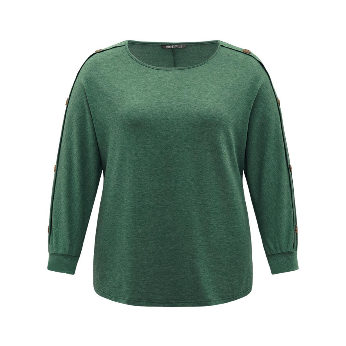 Plus Size Solid Round Neck Button Detail Dolman Sleeve Sweatshirt Women DarkGreen Casual Elastic cuffs Round Neck Dailywear Sweatshirts BloomChic 22-24/3X Product Image
