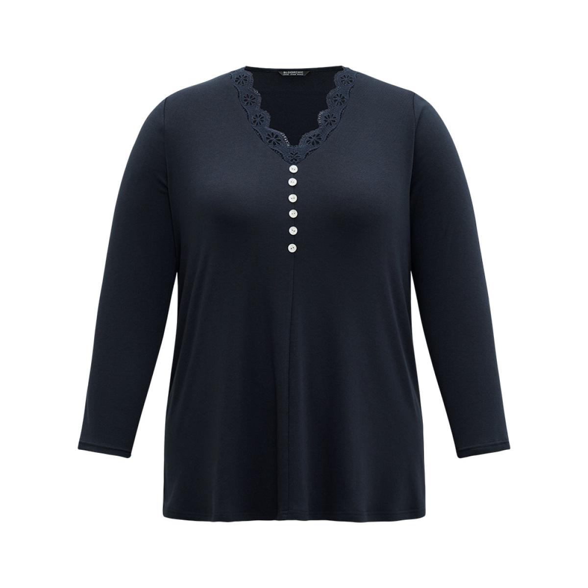 Plus Size Guipure Lace Patchwork V Neck Button Detail T-shirt Indigo Women Elegant Printed Plain V-neck Dailywear T-shirts BloomChic 18-20/2X Product Image