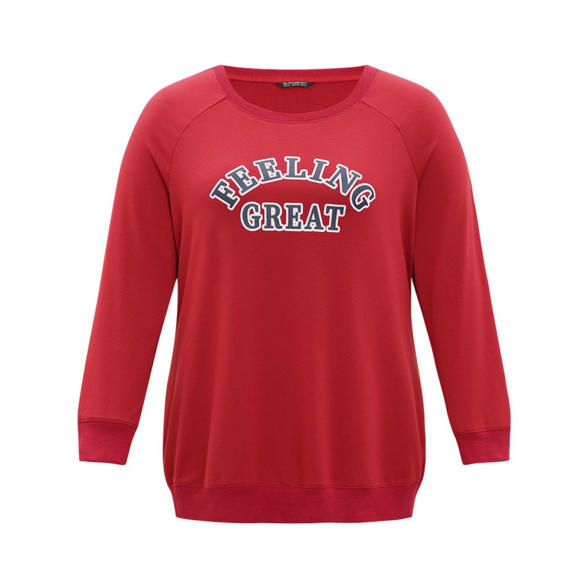 Plus Size Letter Print Round Neck Raglan Sleeve Sweatshirt Women Red Casual Elastic cuffs Everyday Sweatshirts BloomChic 10/M Product Image