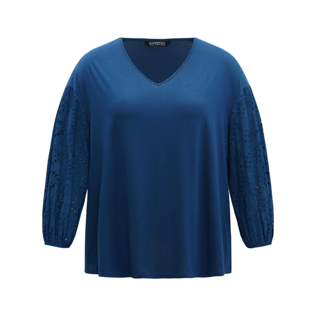 Plus Size V Neck Broderie Anglaise Patchwork Lantern Sleeve T-shirt Aegean Women Elegant Elastic cuffs Plain V-neck Dailywear T-shirts BloomChic 10/M Product Image