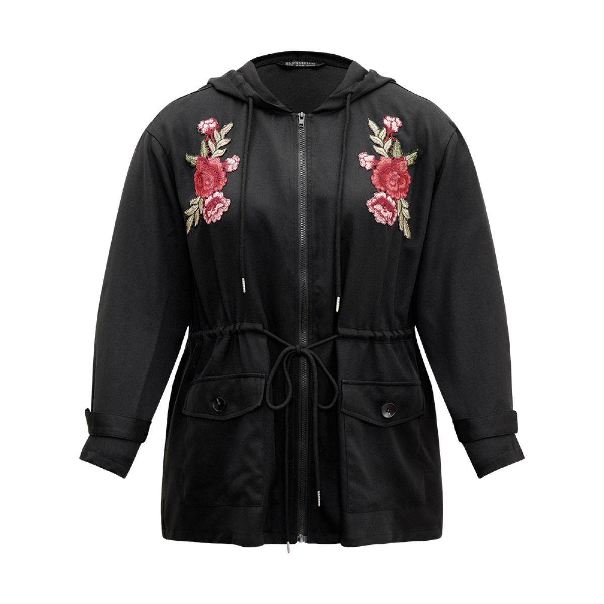 Plus Size Floral Embroidered Elastic Waist Hooded Drawstring Coat Women Black Zipper Pocket Dailywear Jackets BloomChic 12/L Product Image