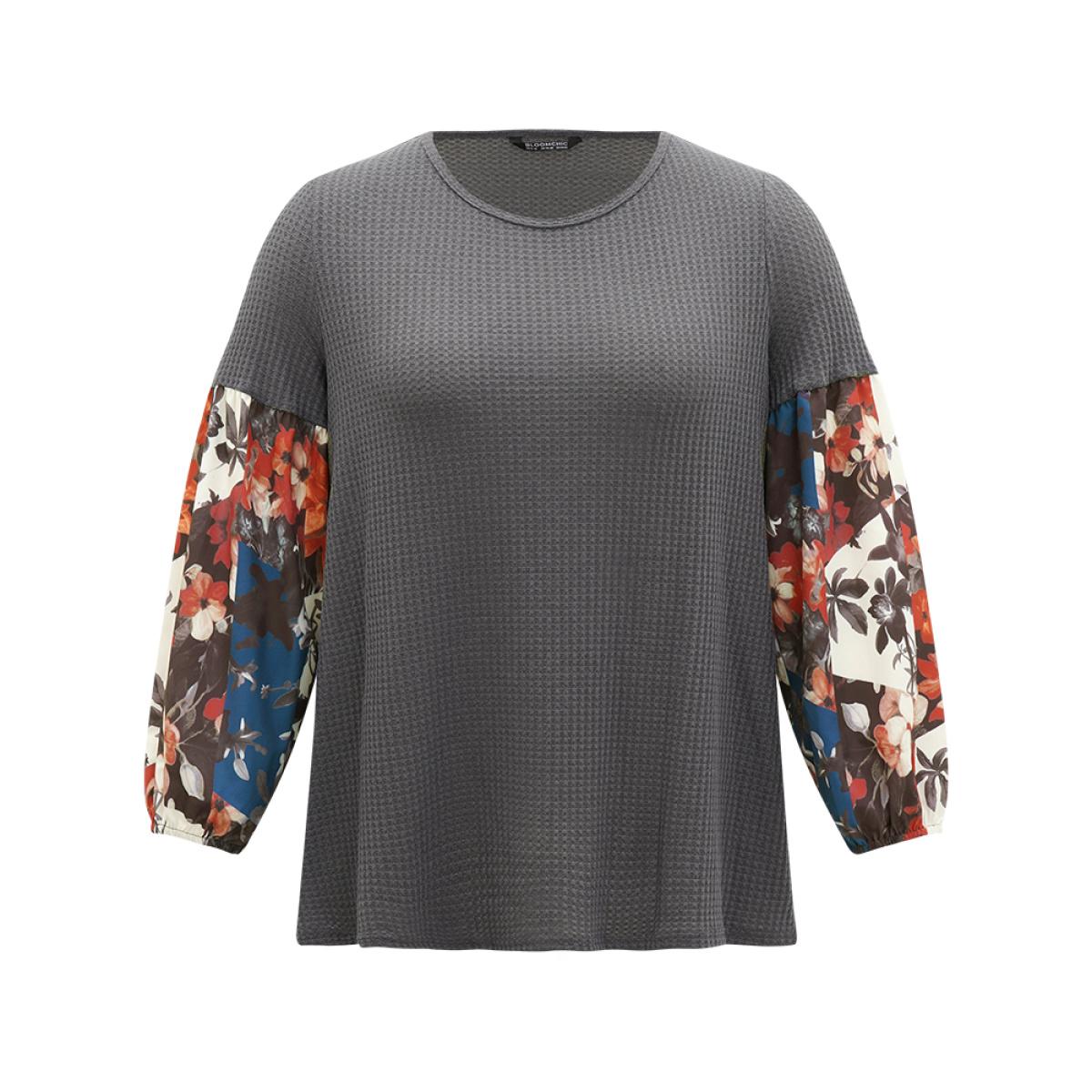 Plus Size Waffle Knit Floral Print Patchwork Elastic Cuffs T-shirt Gray Women Resort Elastic cuffs Bohemian Print Round Neck Vacation T-shirts BloomChic 26/4X Product Image
