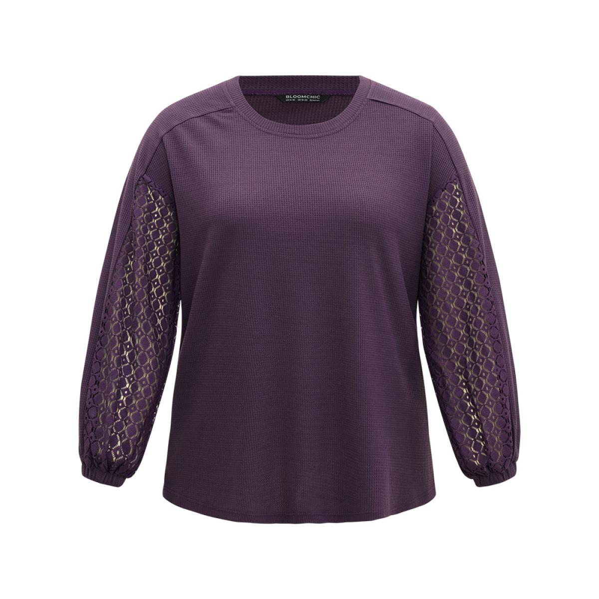 Plus Size Waffle Knit Lace Panel Drop Shoulder Sweatshirt Women Eggplant Elegant Elastic cuffs Round Neck Dailywear Sweatshirts BloomChic 22-24/3X Product Image