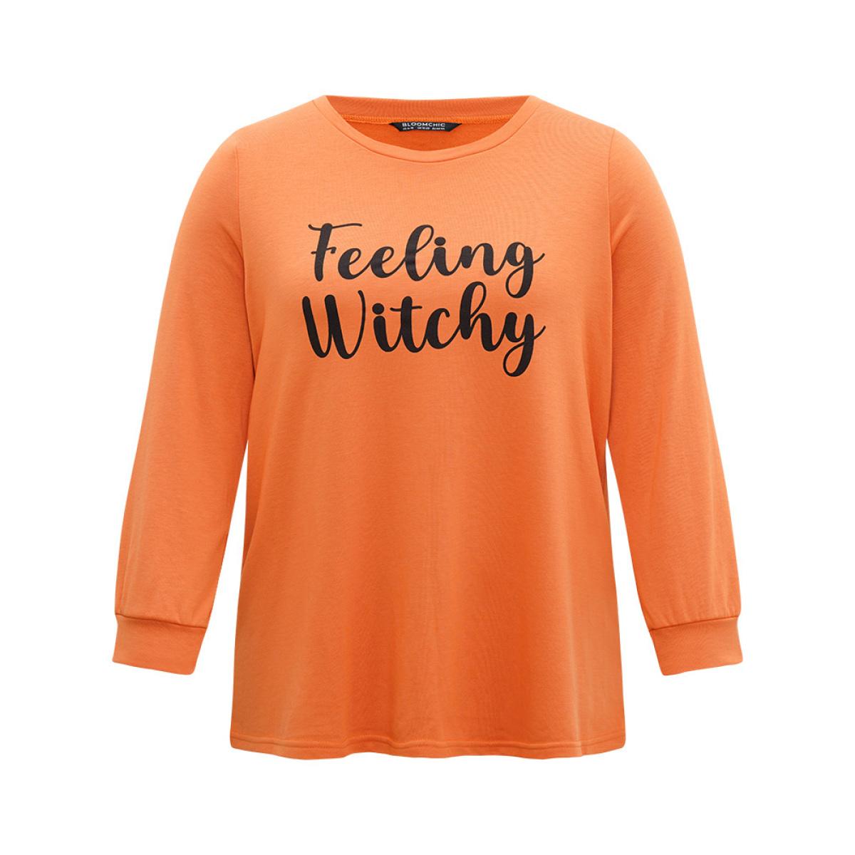 Plus Size Halloween Letter Print Round Neck Sweatshirt Women OrangeRed Casual Elastic cuffs Festival-Halloween Sweatshirts BloomChic 10/M Product Image