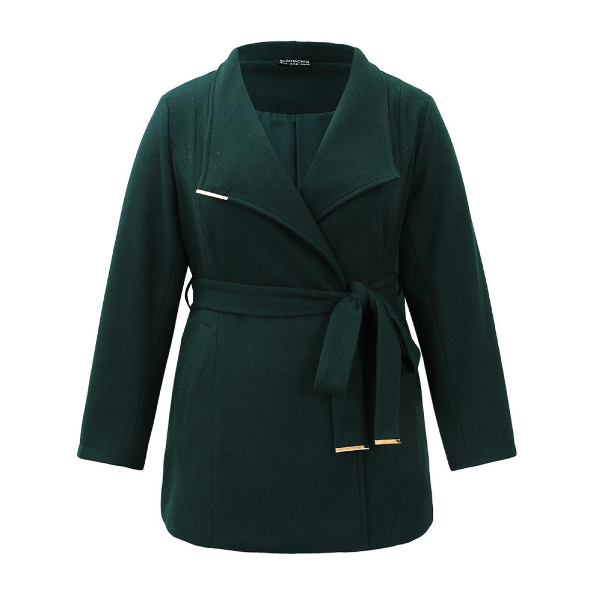Plus Size Plain Belted Metal Detail Lapel Collar Coat Women DarkGreen Elegant Lined Ladies Everyday Winter Coats BloomChic 14-16/1X Product Image