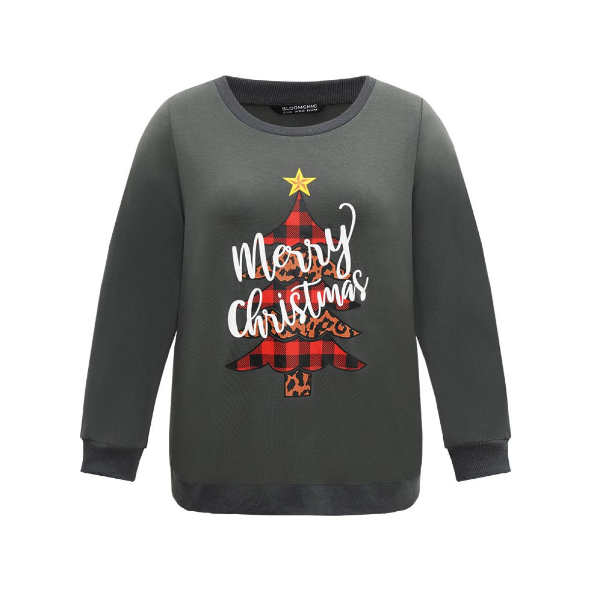 Plus Size Christmas Trees Round Neck Rib Knit Sweatshirt Women Gray Casual Rib Knit Festival-Christmas Sweatshirts BloomChic 14-16/1X Product Image