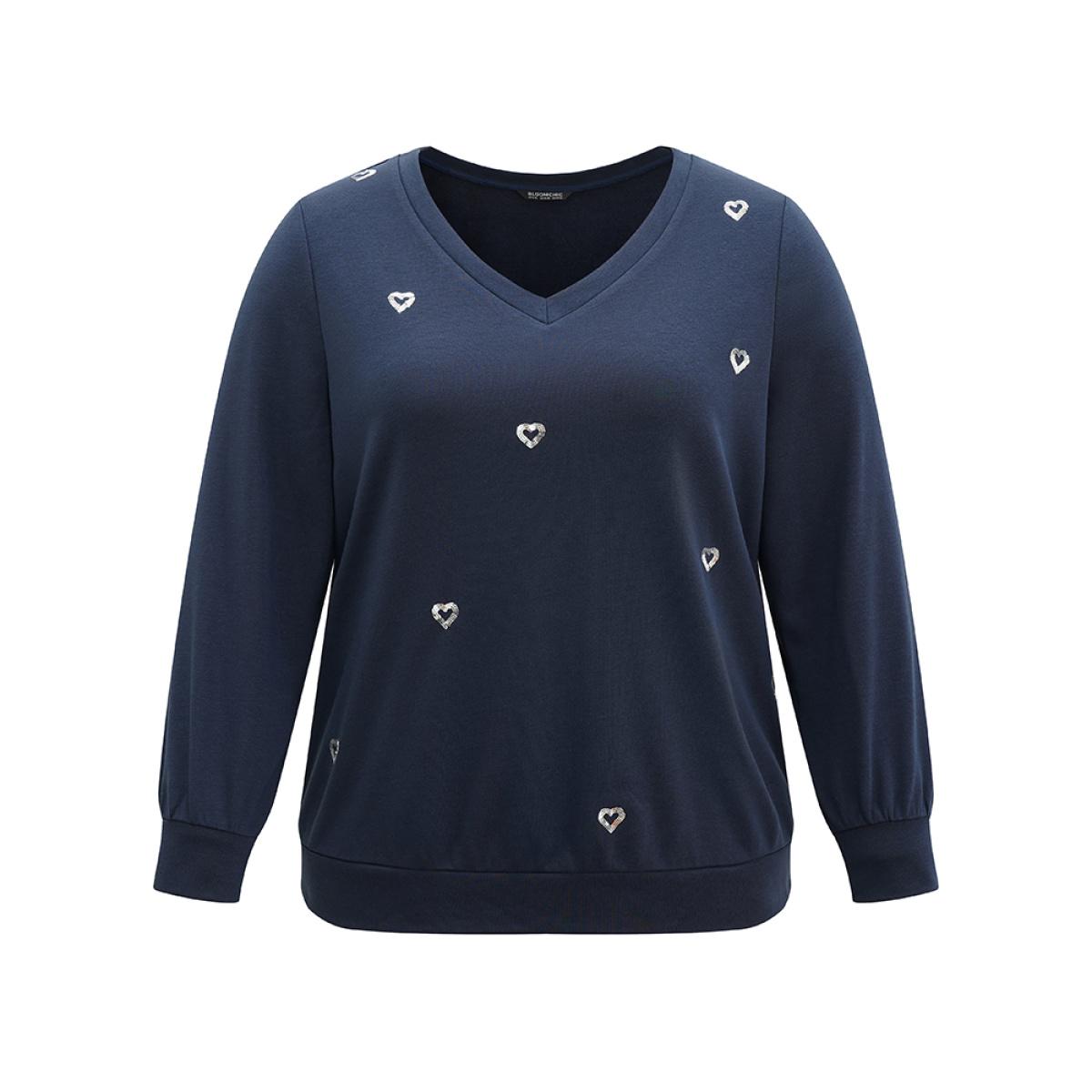 Plus Size Solid Heart Sequin V Neck Sweatshirt Women Indigo Elegant Sequin V-neck Dailywear Sweatshirts BloomChic 12/L Product Image
