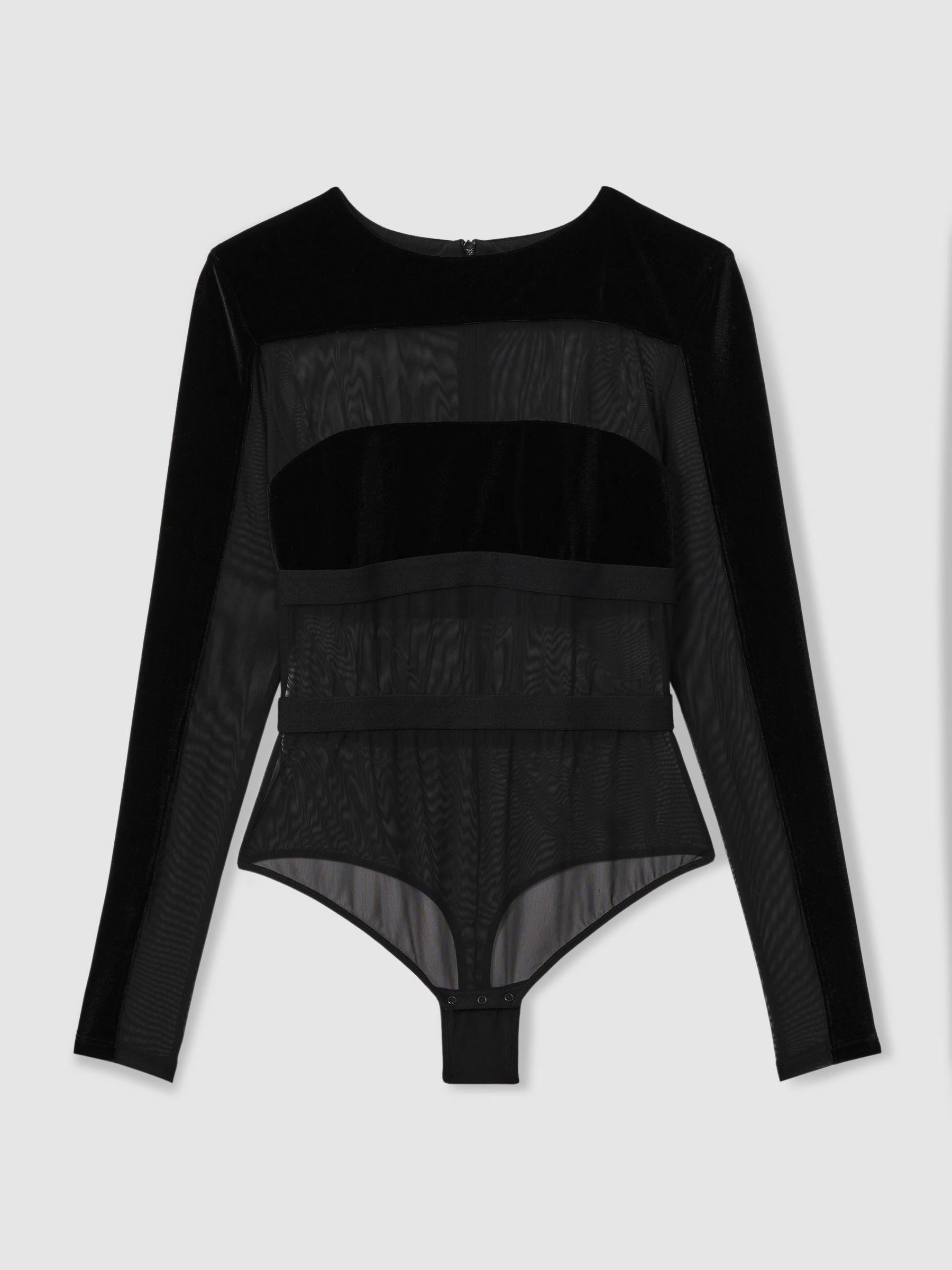 Velvet and Mesh Bodysuit in Black Product Image
