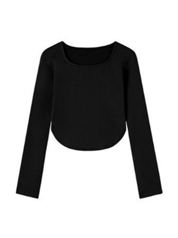 Solid Square Neck Curvy Hem Long Sleeve Tee Product Image
