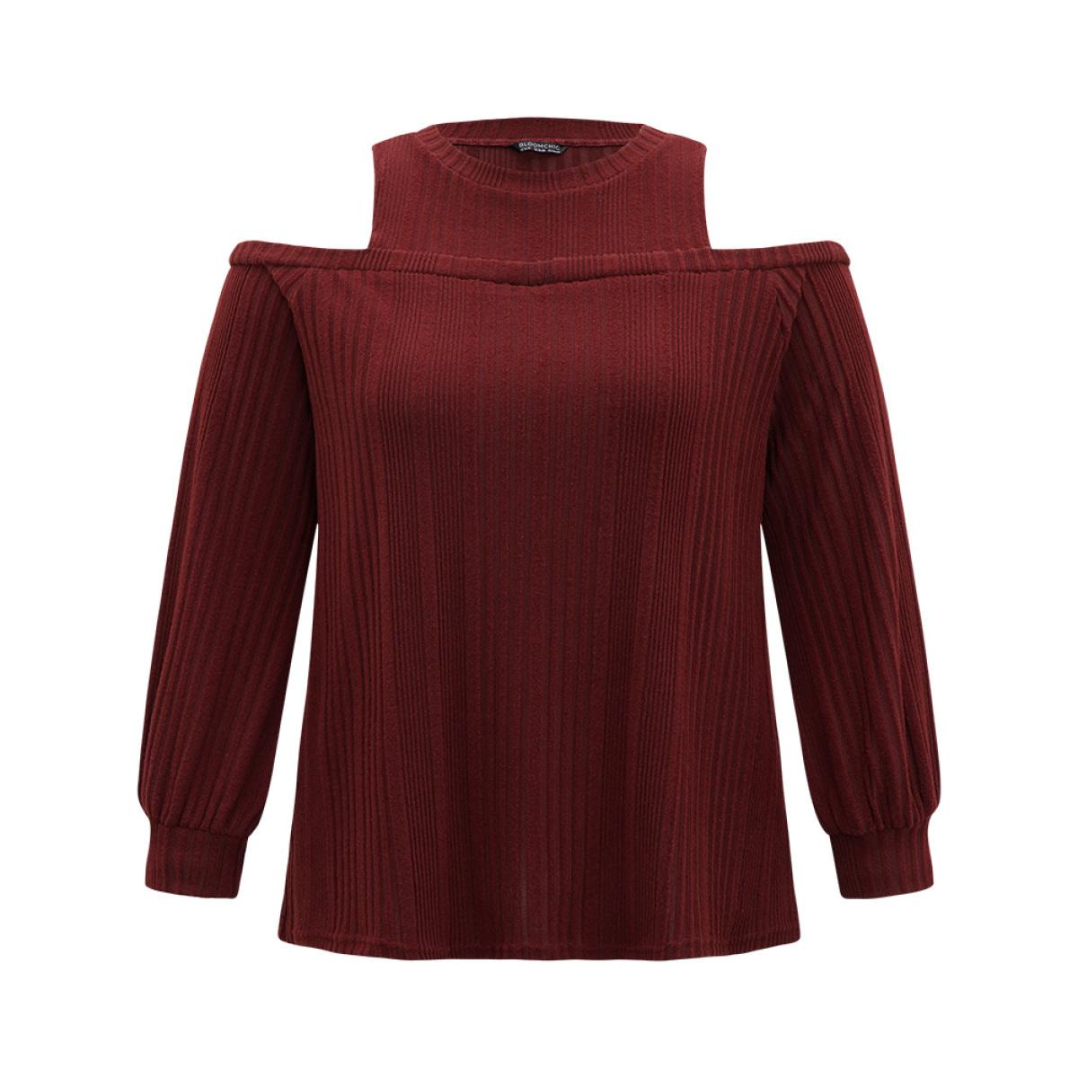 Plus Size Plain Rib Knit Elastic Cuffs Cold Shoulder Sweatshirt Women Scarlet Elegant Elastic cuffs Round Neck Dailywear Sweatshirts BloomChic 14-16/1X Product Image