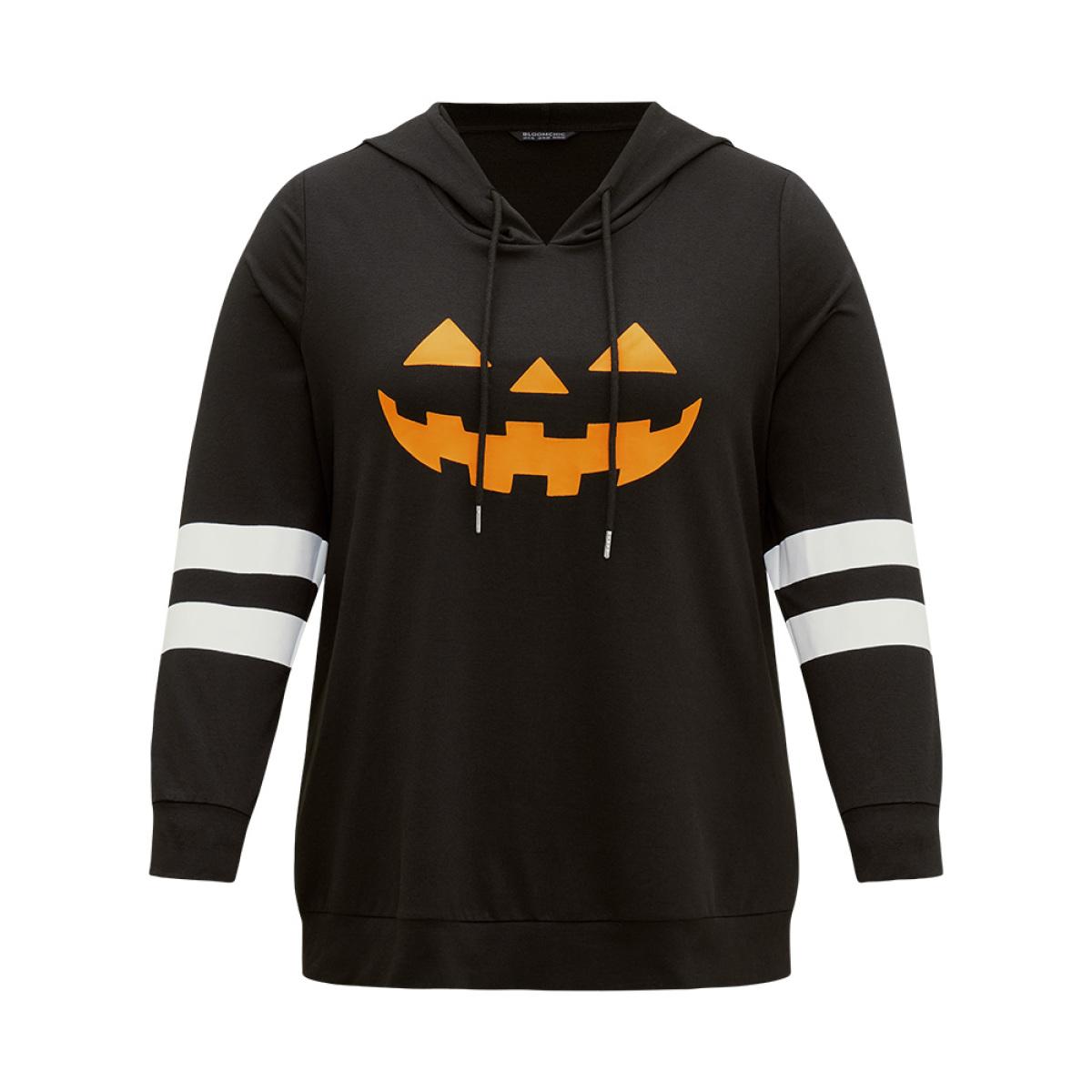 Plus Size Halloween Print Striped Patchwork Hooded Drawstring Sweatshirt Women Black Casual Elastic cuffs Festival-Halloween Sweatshirts BloomChic 10/M Product Image
