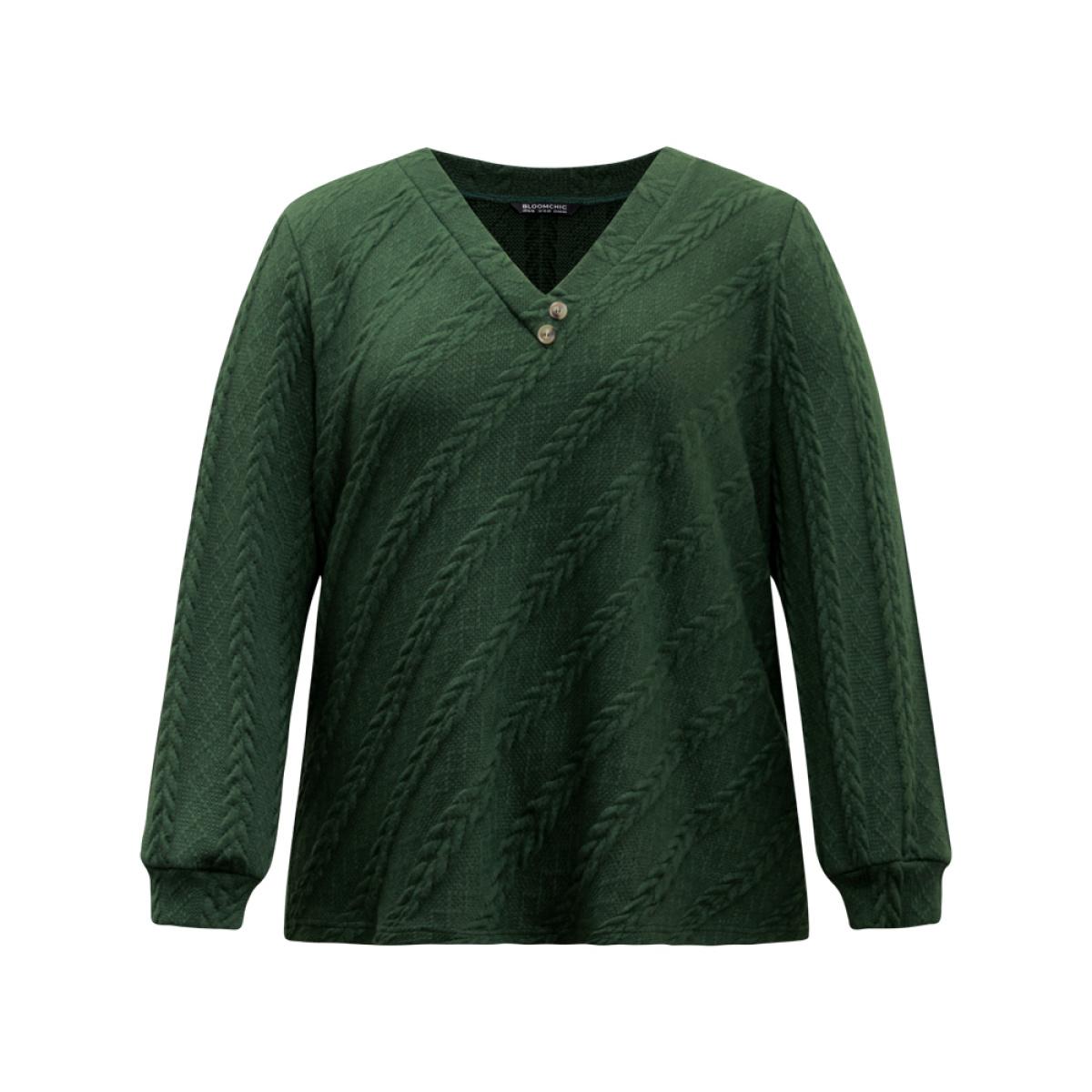 Plus Size Plisse Solid Button Detail Sweatshirt Women DarkGreen Elegant Texture V-neck Everyday Sweatshirts BloomChic 28/5X Product Image