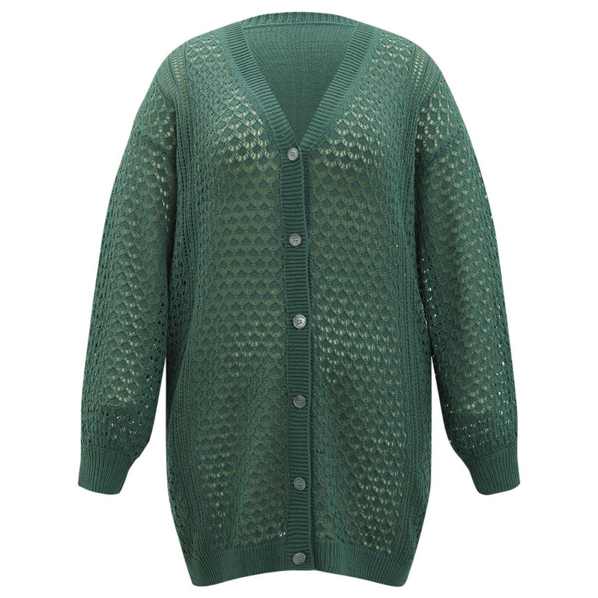 Plus Size Solid Hollow Out Button Through Cardigan Emerald Women Casual Loose Long Sleeve Dailywear Cardigans BloomChic 10/M Product Image