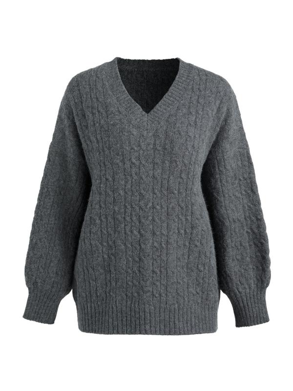 Oversize V Neck Gray Cable Knit Sweater Product Image