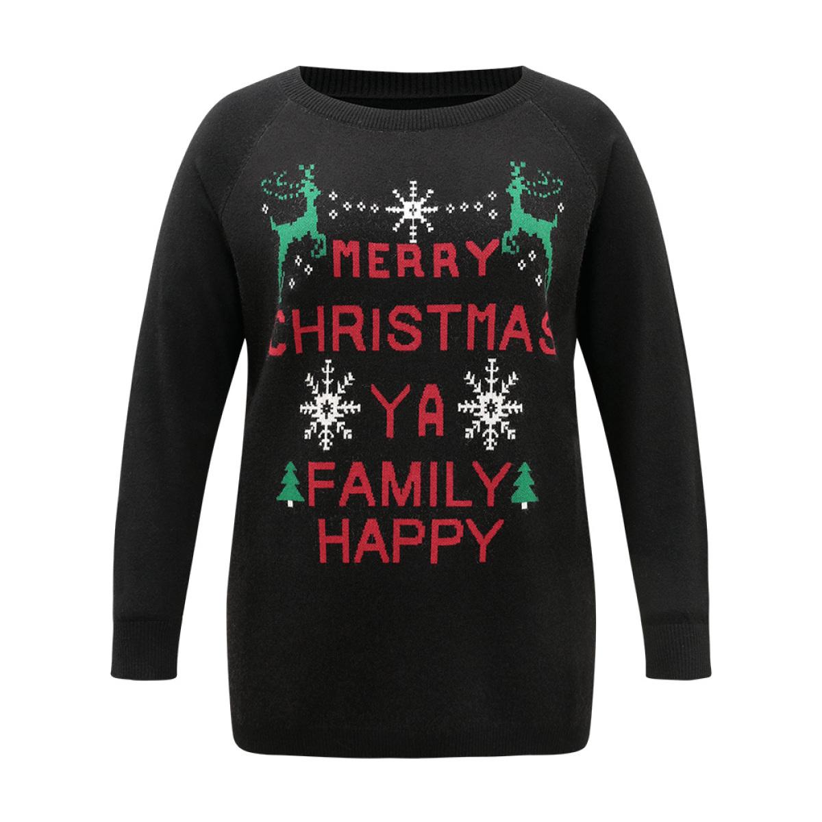 Plus Size Supersoft Essentials Christmas Elk Letter Crew Neck Pullover Black Women Casual Long Sleeve Round Neck Festival-Christmas Pullovers BloomChic 28/5X Product Image
