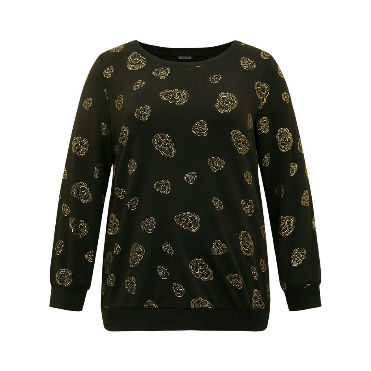 Plus Size Halloween Glitter Skull Print Crew Neck Sweatshirt Women Black Casual Elastic cuffs Round Neck Festival-Halloween Sweatshirts BloomChic 14-16/1X Product Image