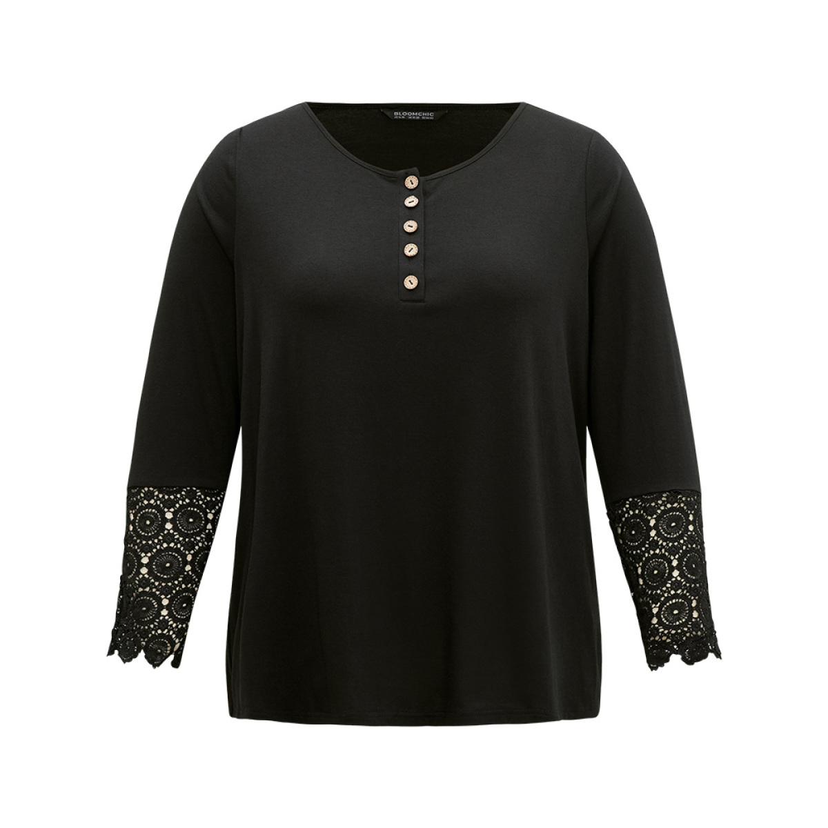 Plus Size Halloween Solid Round Neck Button Up Lace Panel T-shirt Black Women Elegant Plain Plain Open Front Everyday T-shirts BloomChic 26/4X Product Image