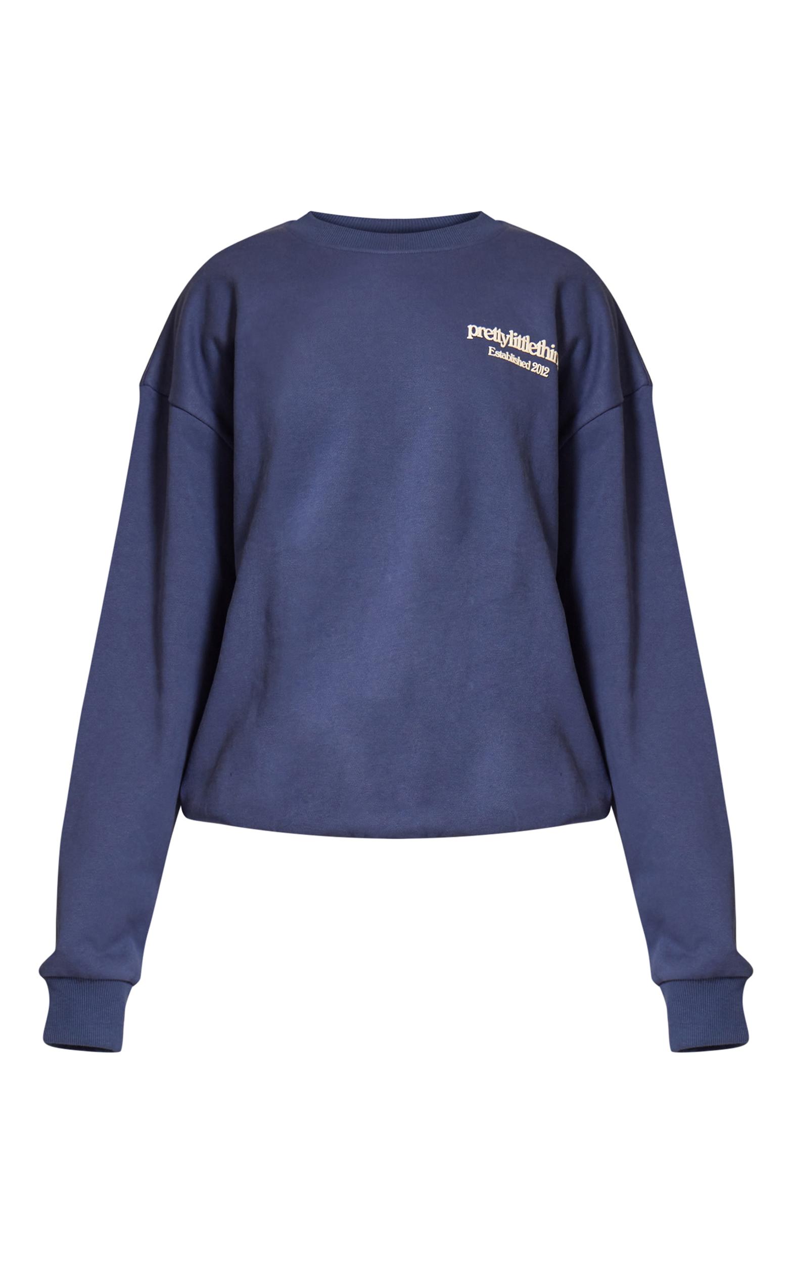 PRETTYLITTLETHING Navy Premium Print Oversized Sweatshirt Product Image
