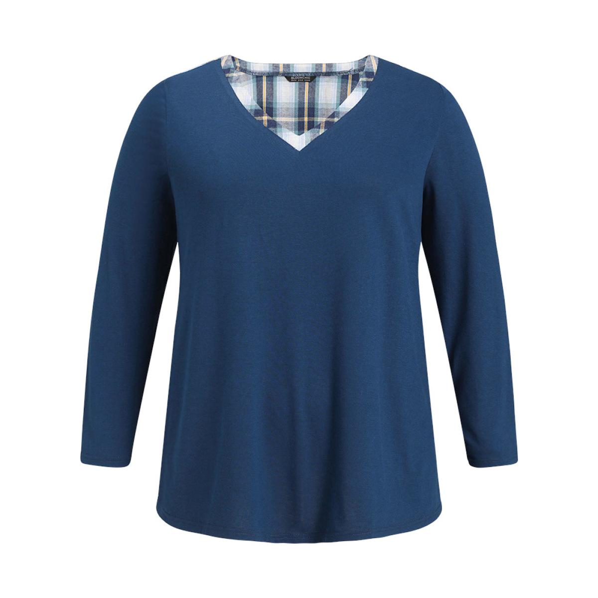 Plus Size Plaid Patchwork V Neck Split Side T-shirt Indigo Women Casual Patchwork Gingham V-neck Dailywear T-shirts BloomChic 26/4X Product Image