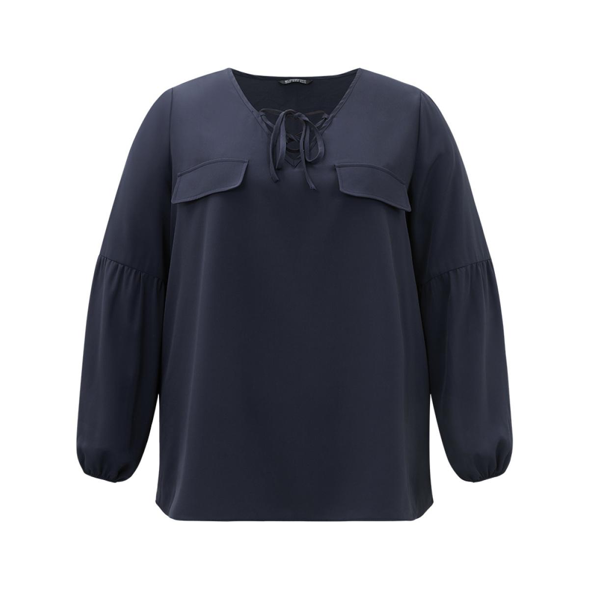 Plus Size Indigo Solid Elastic Cuffs Lace Up Blouse Women Office Long Sleeve V-neck Office Blouses BloomChic 10/M Product Image