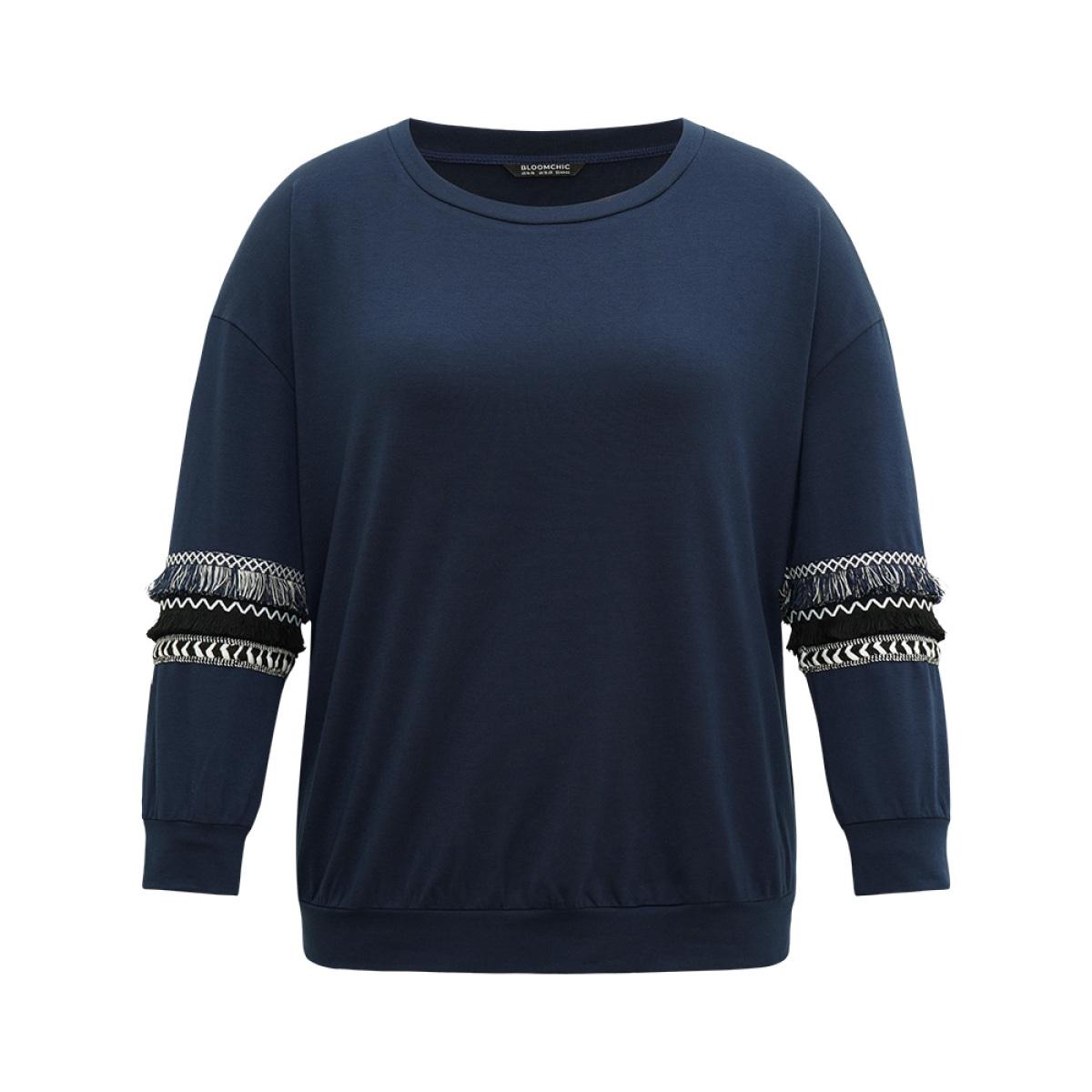 Plus Size Tassels Trim Layered Patchwork Sweatshirt Women DarkBlue Elegant Tassels Round Neck Dailywear Sweatshirts BloomChic 28/5X Product Image