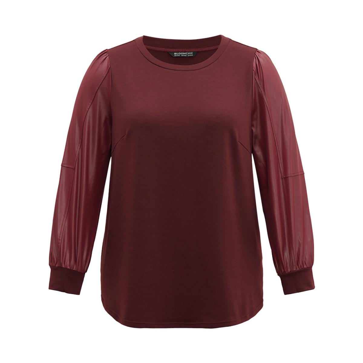 Plus Size PU Leather Patchwork Crew Neck Sweatshirt Women Scarlet Elegant Plain Round Neck Dailywear Sweatshirts BloomChic 30/6X Product Image