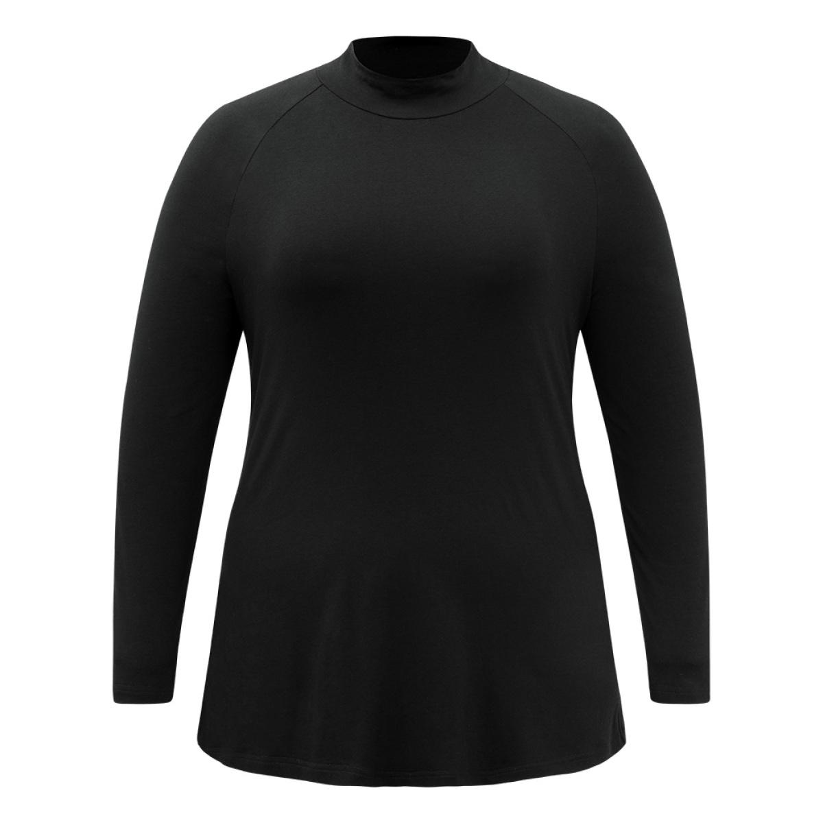 Plus Size Cotton Mock Neck Raglan Sleeve T-shirt Black Women Elegant Plain Plain Mock Neck Dailywear T-shirts BloomChic 10/M Product Image