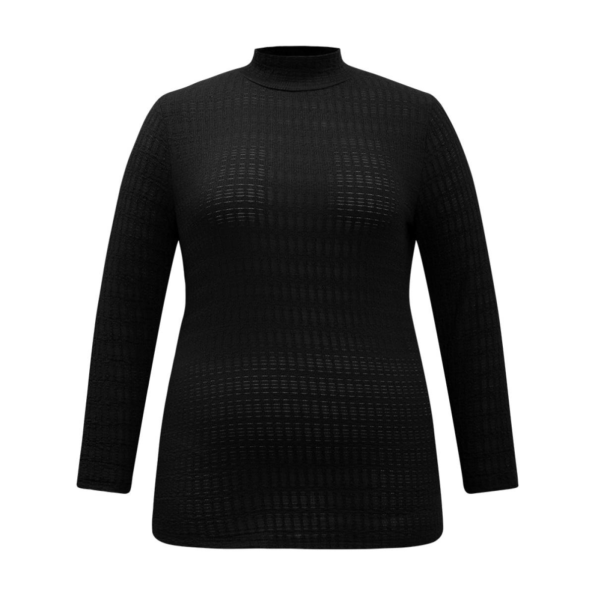 Plus Size Plain Texture Mock Neck T-shirt Black Women Elegant Texture Plain Mock Neck Dailywear T-shirts BloomChic 28/5X Product Image