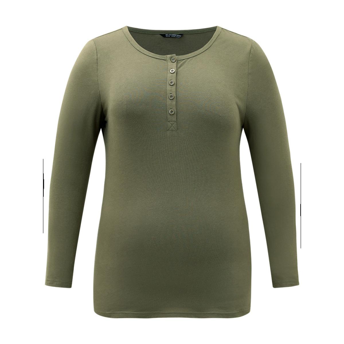 Plus Size Cotton Solid Button Down T-shirt ArmyGreen Women Elegant Plain Plain Round Neck Dailywear T-shirts BloomChic 18-20/2X Product Image