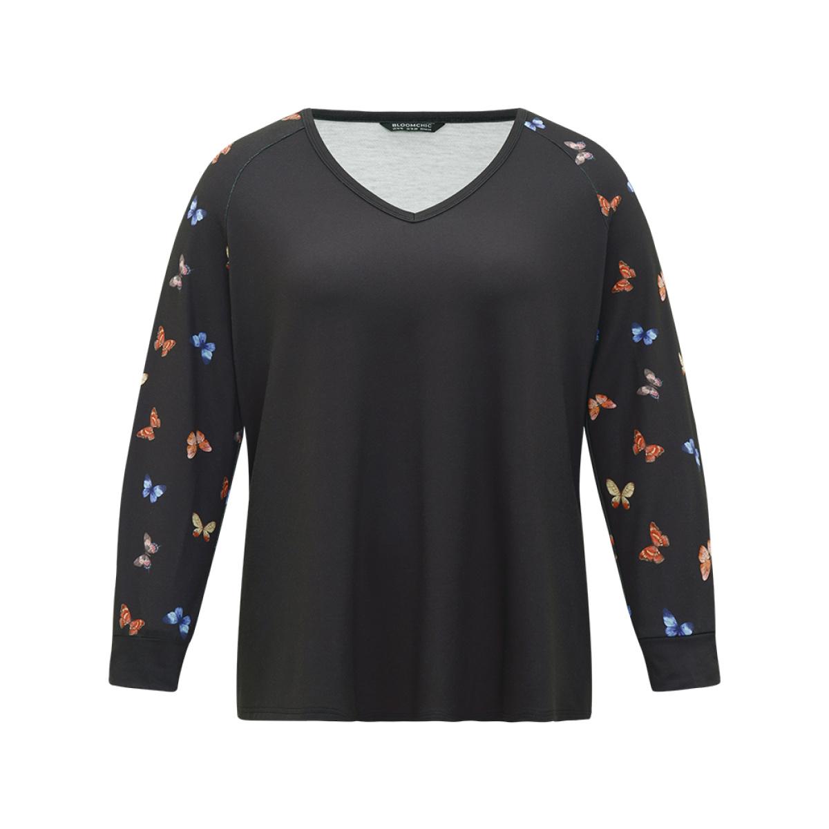 Plus Size Butterfly Print V Neck Raglan Sleeve Sweatshirt Women Black Casual Elastic cuffs V-neck Everyday Sweatshirts BloomChic 30/6X Product Image