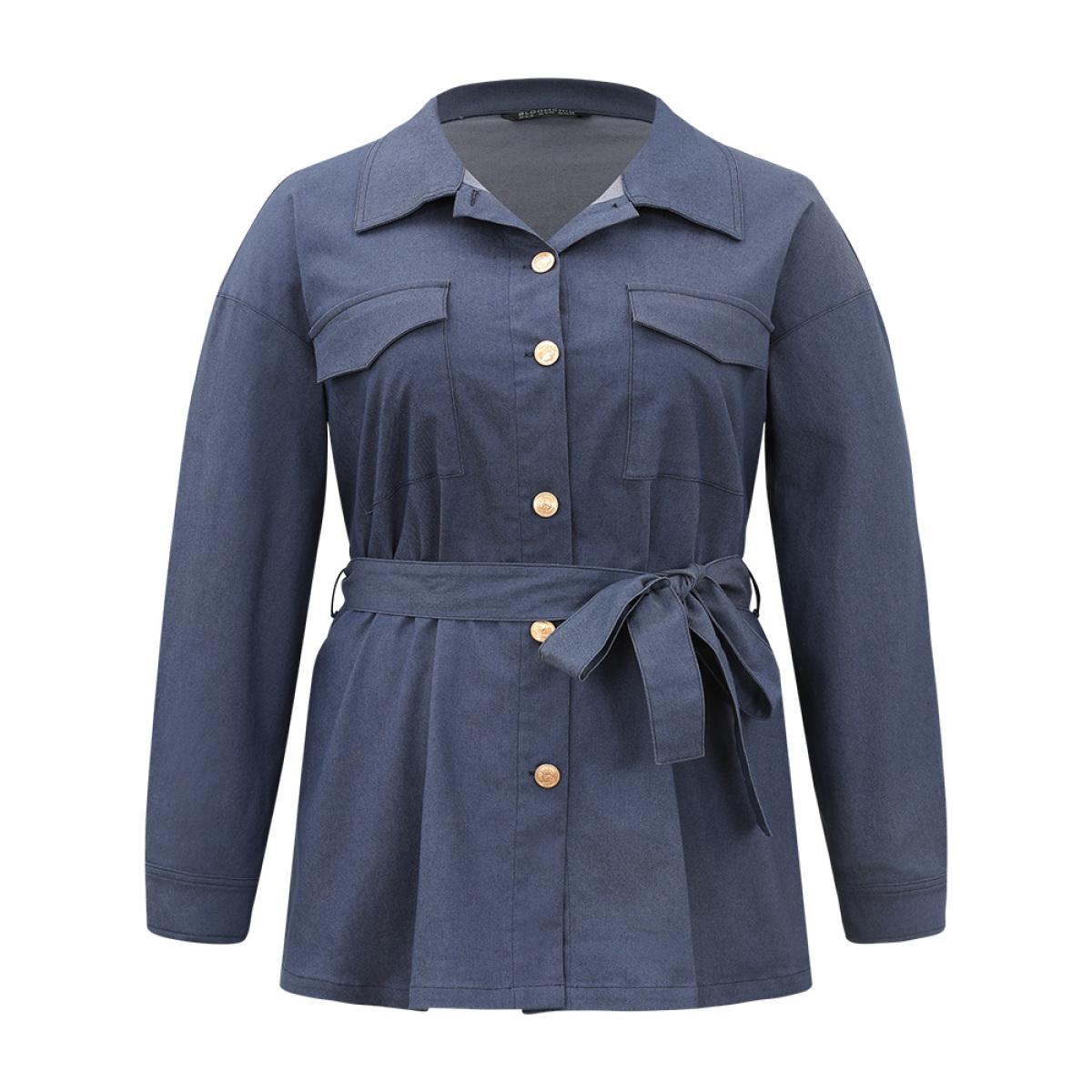 Plus Size Plain Ties Pocket Button Through Shacket Women Indigo Casual Plain Ladies Dailywear Winter Coats BloomChic 28/5X Product Image