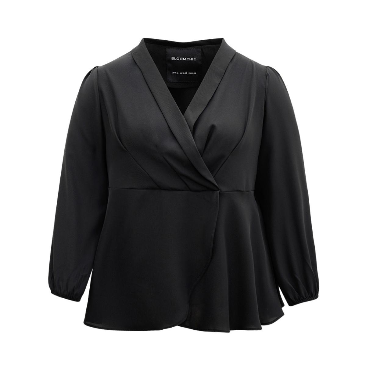 Plus Size Black Static-Free Plain Pleated Wrap Blouse Women Office Long Sleeve V-neck Dailywear Blouses BloomChic 28/5X Product Image