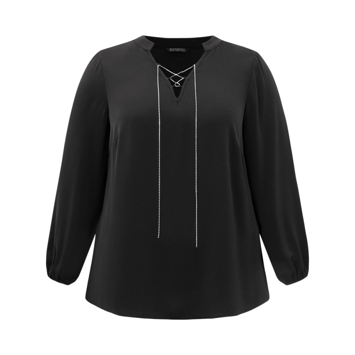 Plus Size Black Anti-Wrinkle Lace Up Chain Detail Lantern Sleeve Blouse Women Office Long Sleeve Tie Neck Party Blouses BloomChic 18-20/2X Product Image