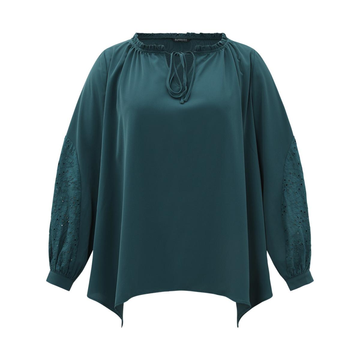 Plus Size DarkGreen Anti-Wrinkle Broderie Anglaise Knot Neck Frill Trim Lantern Sleeve Blouse Women Office Long Sleeve Tie Neck Office Blouses BloomChic 22-24/3X Product Image