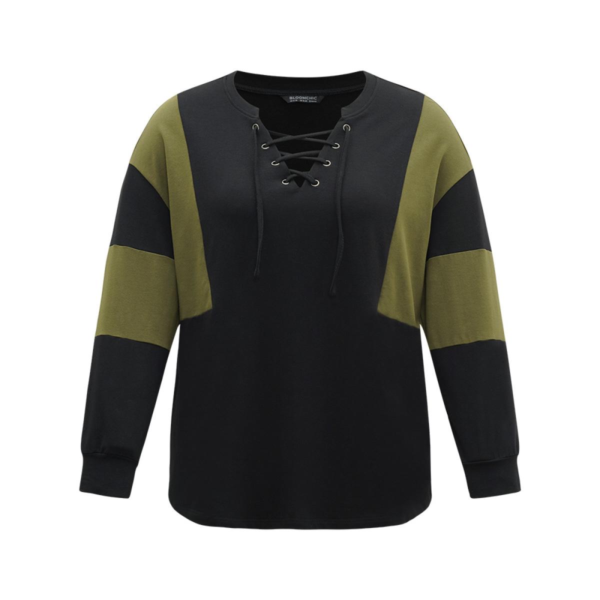 Plus Size Cotton Colorblock Contrast Lace Up Sweatshirt Women Gray Casual Elastic cuffs V-neck Dailywear Sweatshirts BloomChic 28/5X Product Image