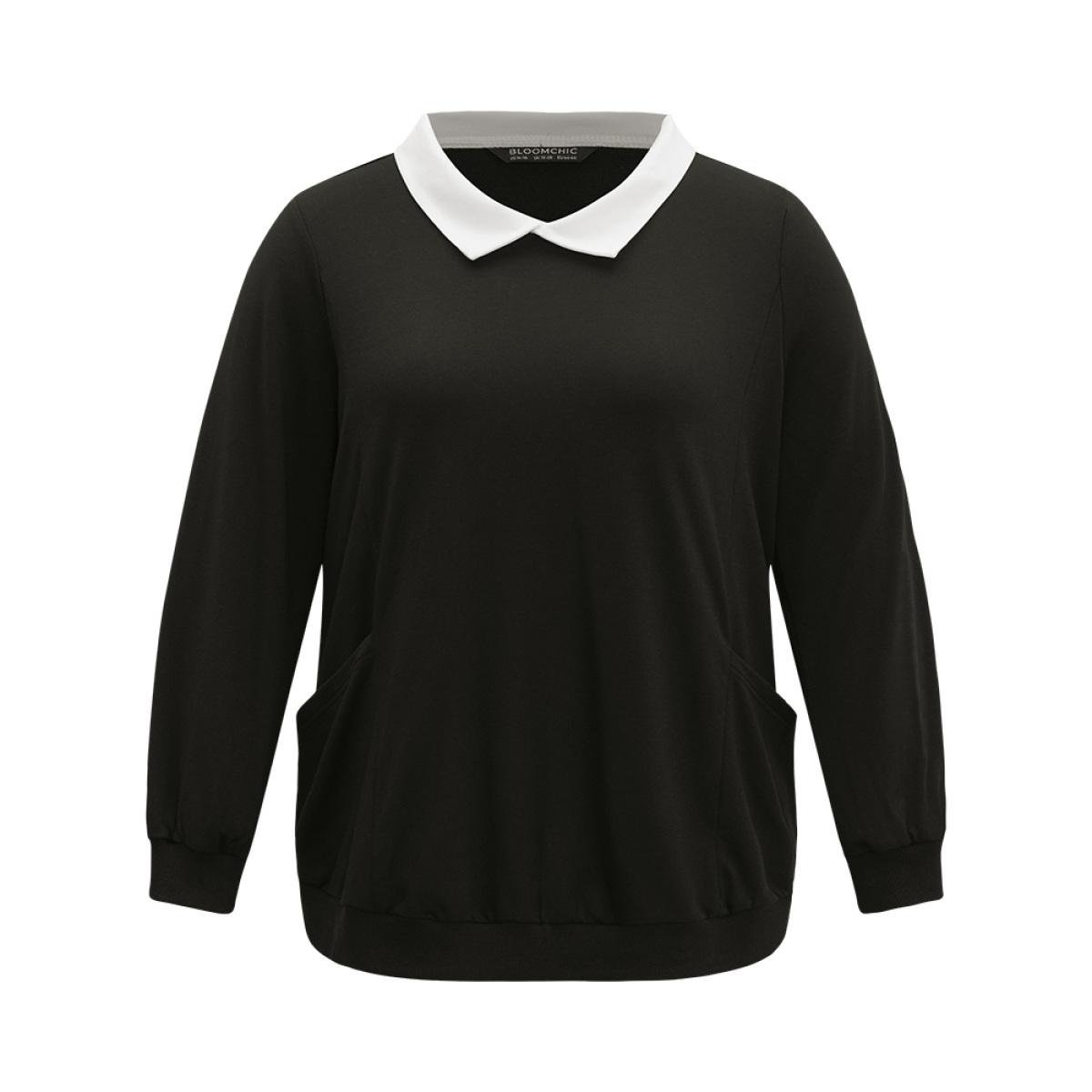 Plus Size Halloween Contrast Shirt Collar Patched Pocket Sweatshirt Women Black Casual Contrast Shirt collar Festival-Halloween Sweatshirts BloomChic 18-20/2X Product Image
