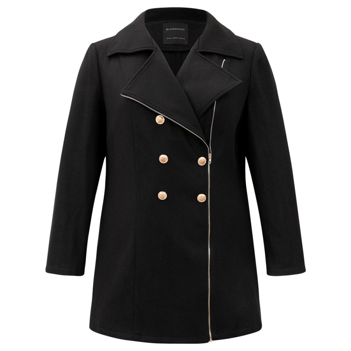 Plus Size Asymmetrical Neck Buckle Detail Zipper Coat Women Black Casual Texture Ladies Dailywear Winter Coats BloomChic 22-24/3X Product Image