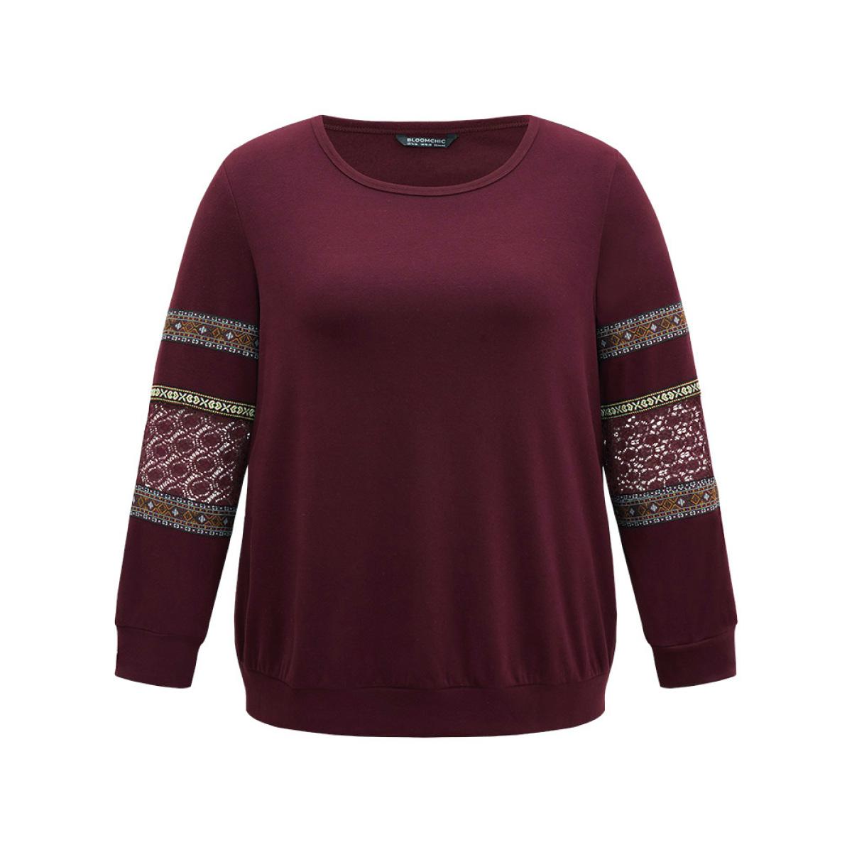 Plus Size Bandana Print Lace Insert Crew Neck Sweatshirt Women Burgundy Elegant Patchwork Round Neck Dailywear Sweatshirts BloomChic 26/4X Product Image