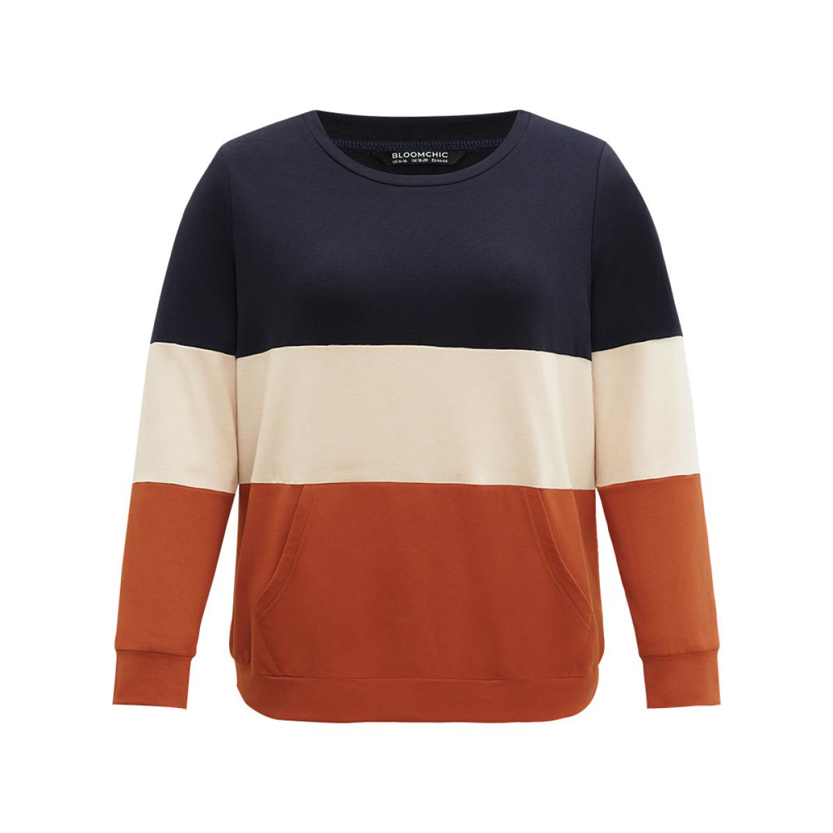Plus Size Colorblock Contrast Crew Neck Kangaroo Pocket Sweatshirt Women Multicolor Casual Contrast Round Neck Dailywear Sweatshirts BloomChic 14-16/1X Product Image