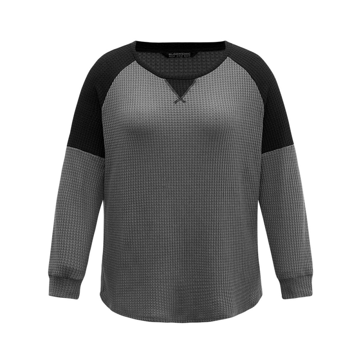 Plus Size Waffle Knit Contrast Patchwork T-shirt Gray Women Casual Contrast Plain Round Neck Everyday T-shirts BloomChic 10/M Product Image