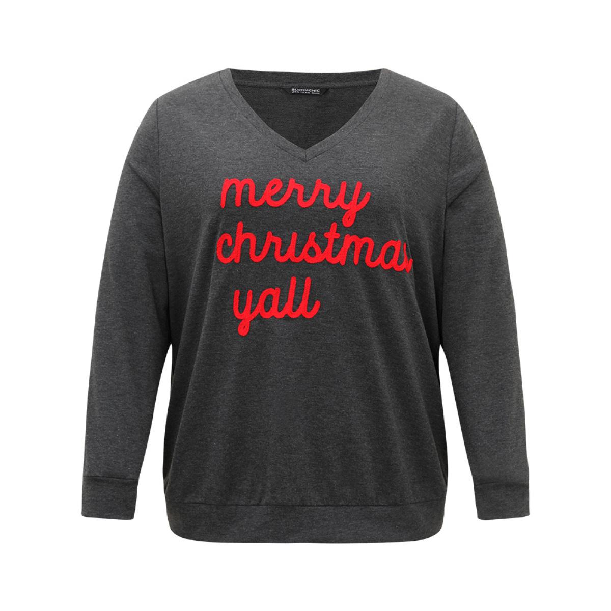 Plus Size Christmas Letter V Neck Sweatshirt Women DimGray Casual Contrast Festival-Christmas Sweatshirts BloomChic 10/M Product Image
