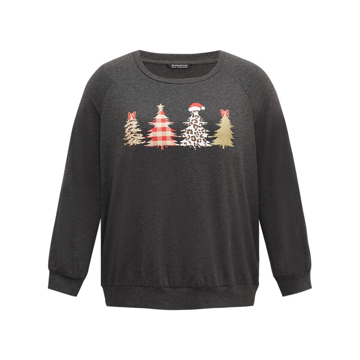 Plus Size Christmas Trees Round Neck Raglan Sleeve Sweatshirt Women DimGray Casual Printed Festival-Christmas Sweatshirts BloomChic 12/L Product Image