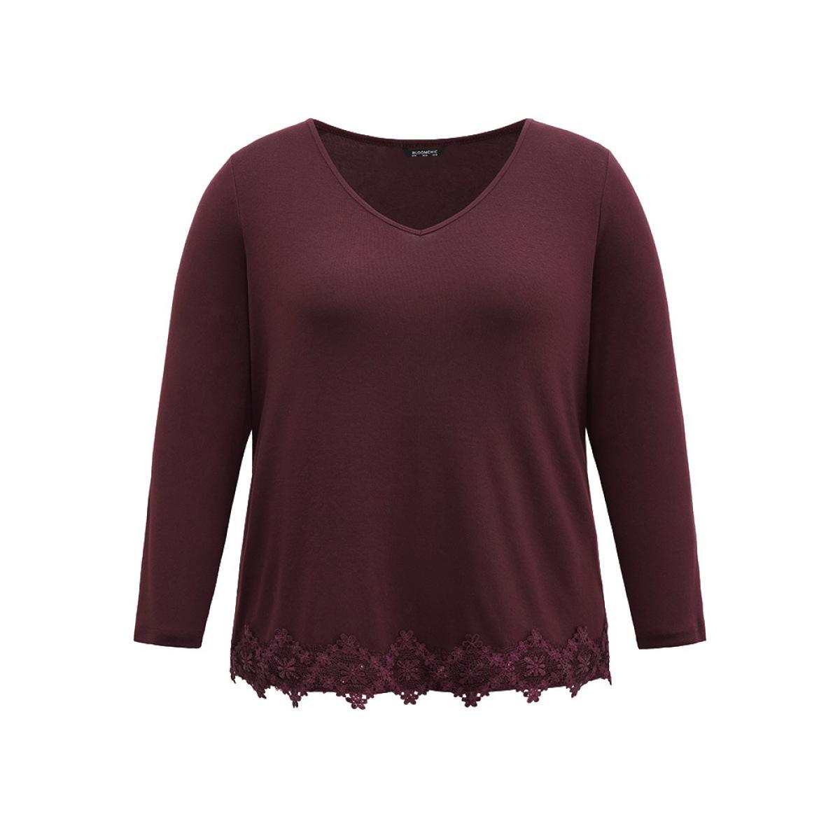 Plus Size Lace Panel Hem Long Sleeve T-shirt Maroon Women Elegant Plain Plain V-neck Dailywear T-shirts BloomChic 18-20/2X Product Image