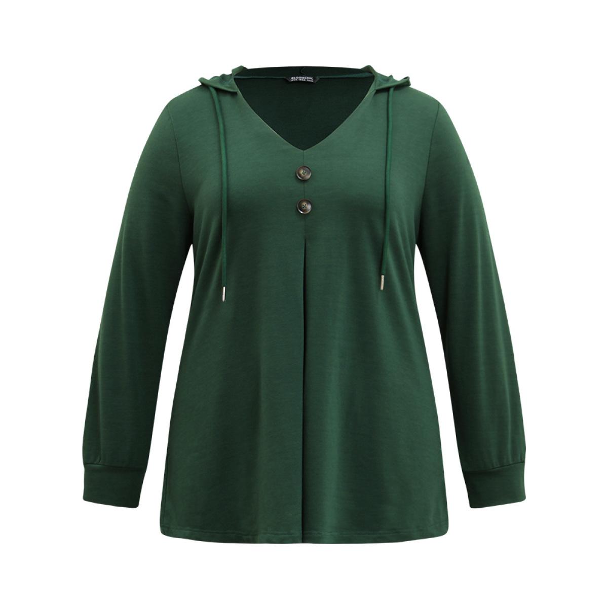 Plus Size Hooded Button Detail Plicated Detail Sweatshirt Women DarkGreen Casual Plain Hooded Everyday Sweatshirts BloomChic 14-16/1X Product Image