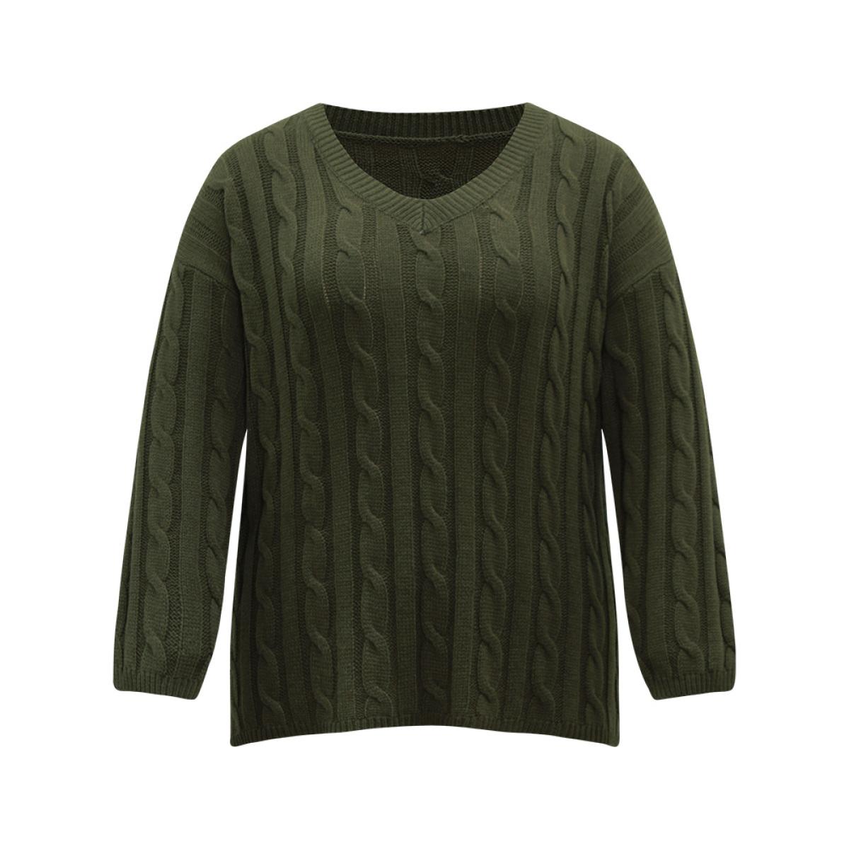 Plus Size Drop Shoulder Cable Knit Solid Pullover ArmyGreen Women Casual Loose Long Sleeve V-neck Everyday Pullovers BloomChic 26/4X Product Image