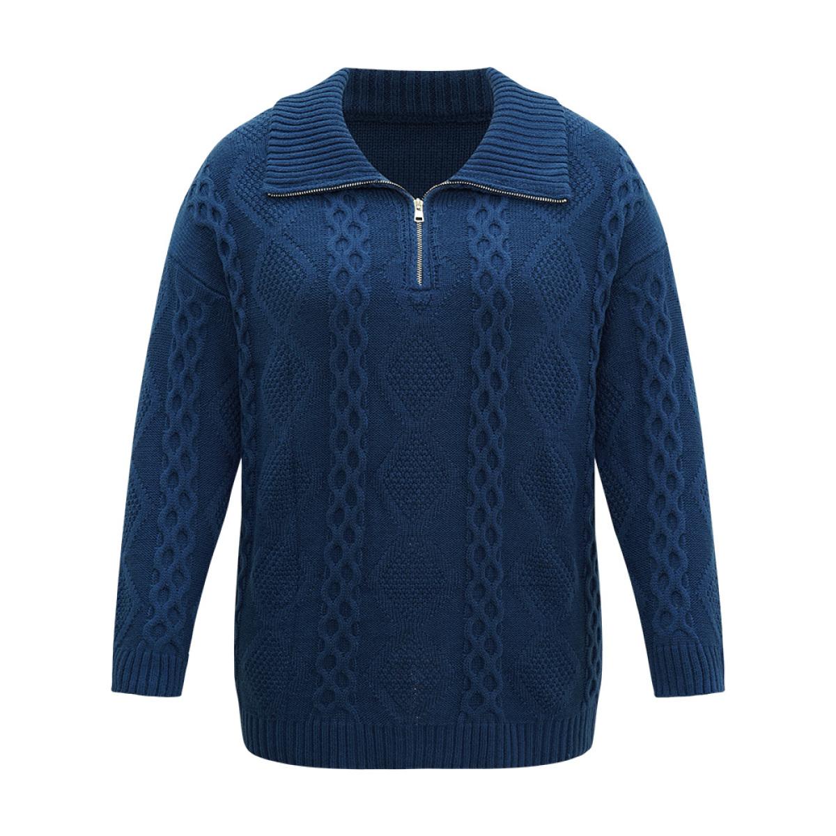 Plus Size Zipper Lapel Collar Cable Knit Pullover Indigo Women Casual Loose Long Sleeve Lapel Collar Dailywear Pullovers BloomChic 28/5X Product Image