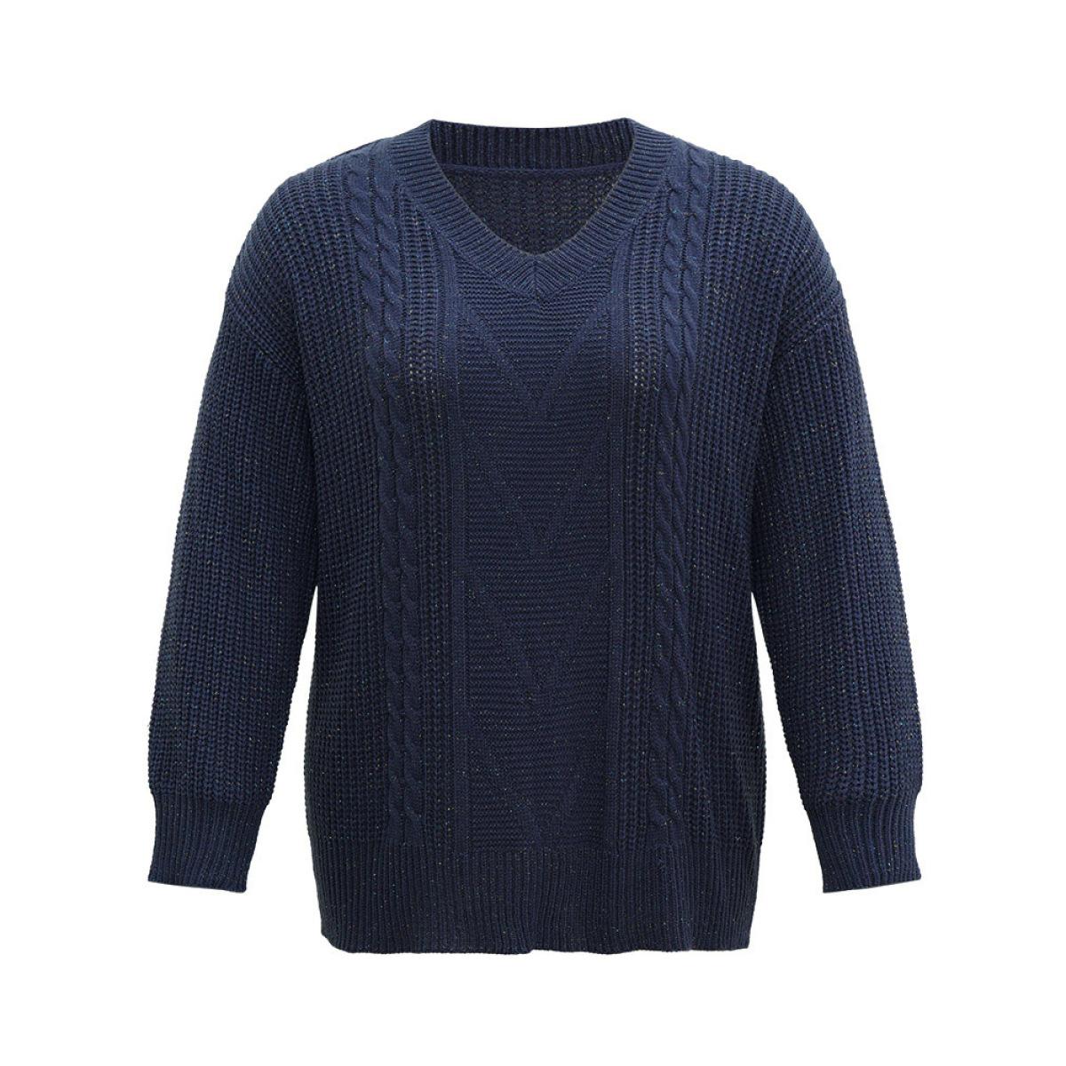 Plus Size Cable Knit Lurex V Neck Pullover Indigo Women Casual Loose Long Sleeve V-neck Dailywear Pullovers BloomChic 18-20/2X Product Image